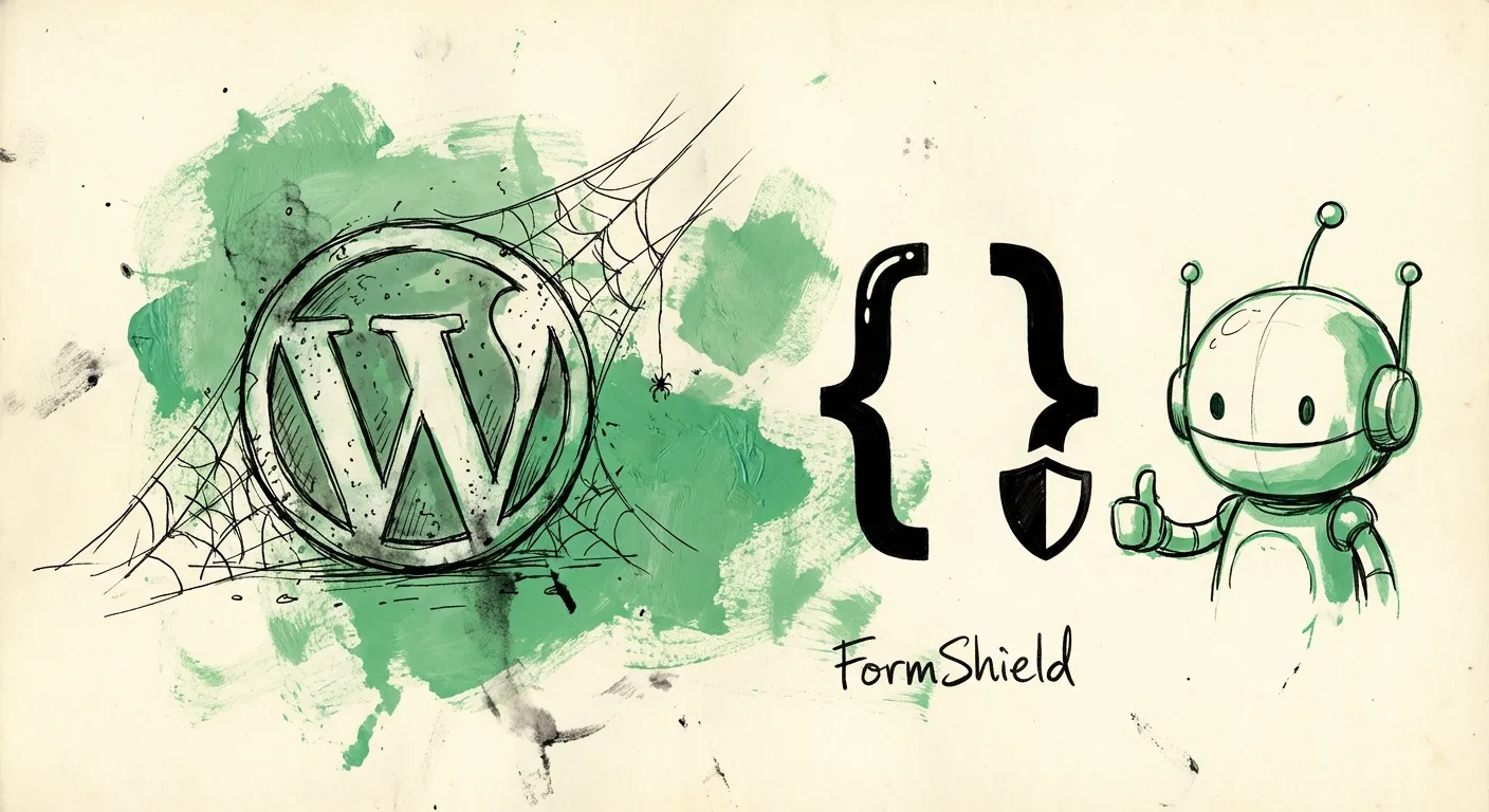 Hand-drawn illustration comparing old WordPress spam filters with modern API-first spam detection