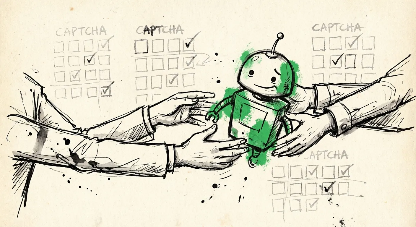 Illustration of a bot bypassing CAPTCHA challenges with help from human workers