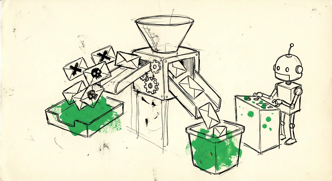 Hand-drawn illustration of email envelopes being sorted into spam and legitimate piles