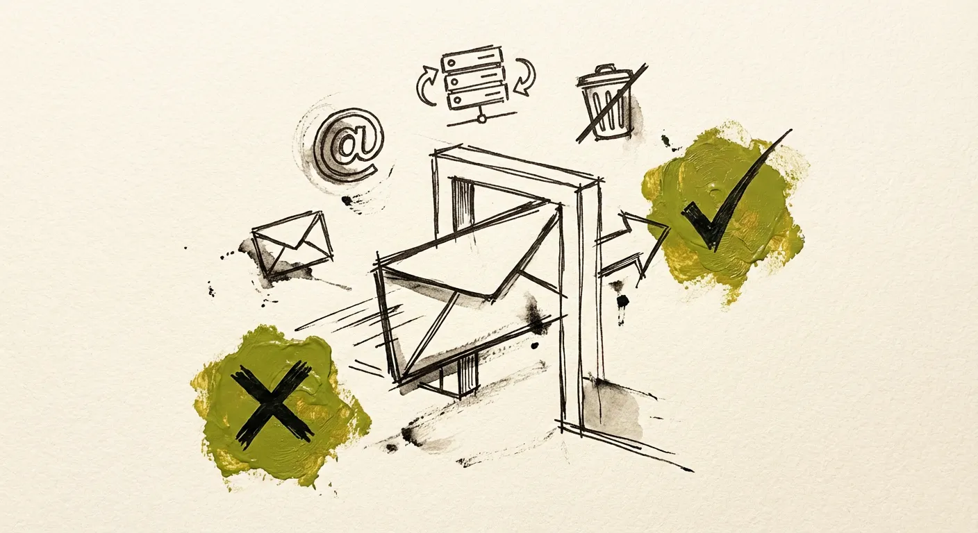 Hand-drawn illustration of email validation checkpoint with checkmarks and X marks