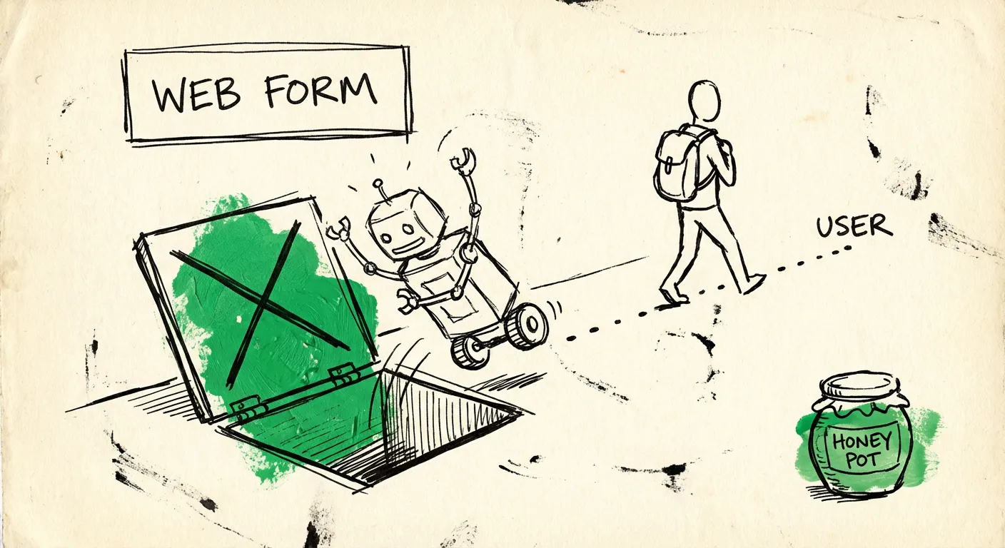 Hand-drawn illustration of a web form with a hidden trap catching a bot while a human walks past safely