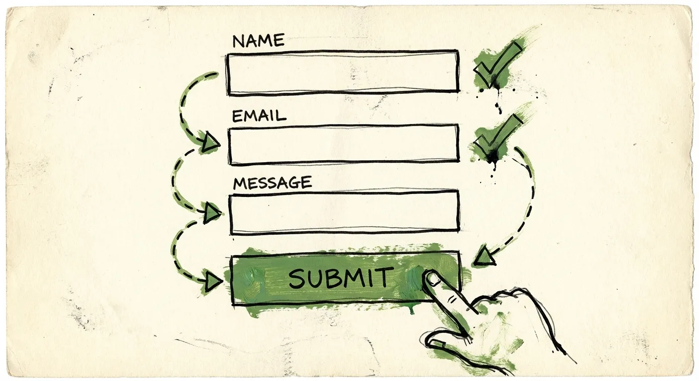 Hand-drawn illustration of a simple form with checkmarks flowing smoothly toward a conversion goal