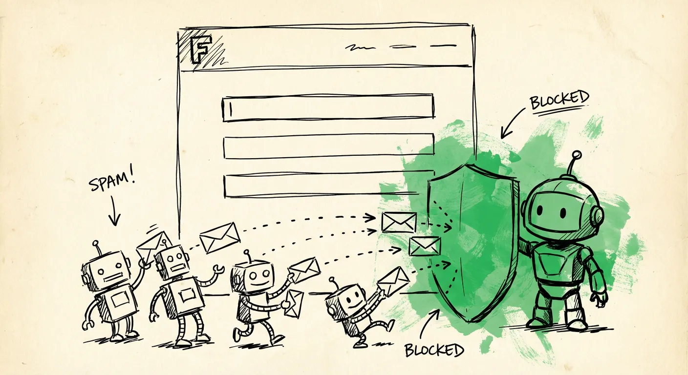 Hand-drawn illustration of a web form protected by FormShield from spam bots