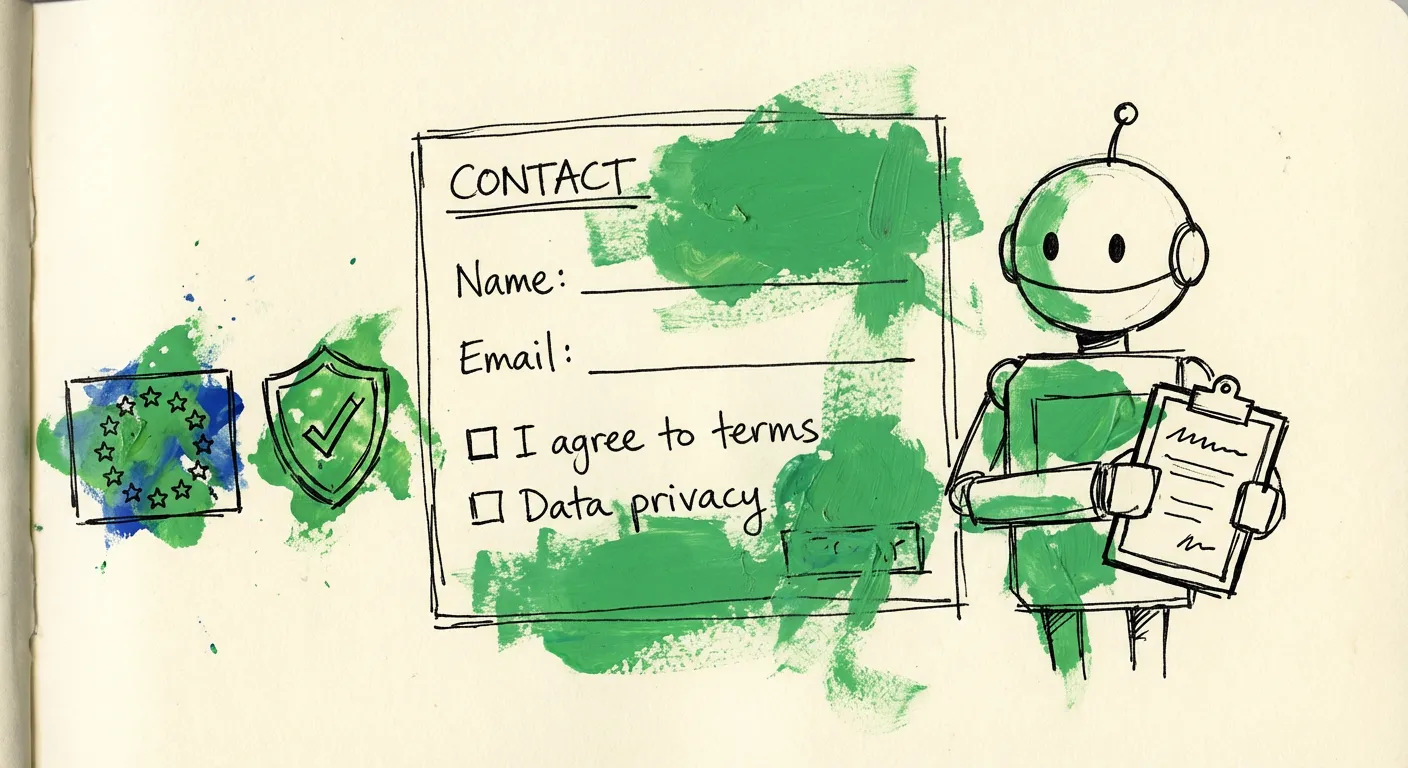 Hand-drawn illustration of a contact form with GDPR compliance checkboxes and EU privacy shield