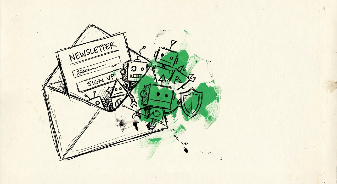Hand-drawn illustration of bots attacking an email signup form