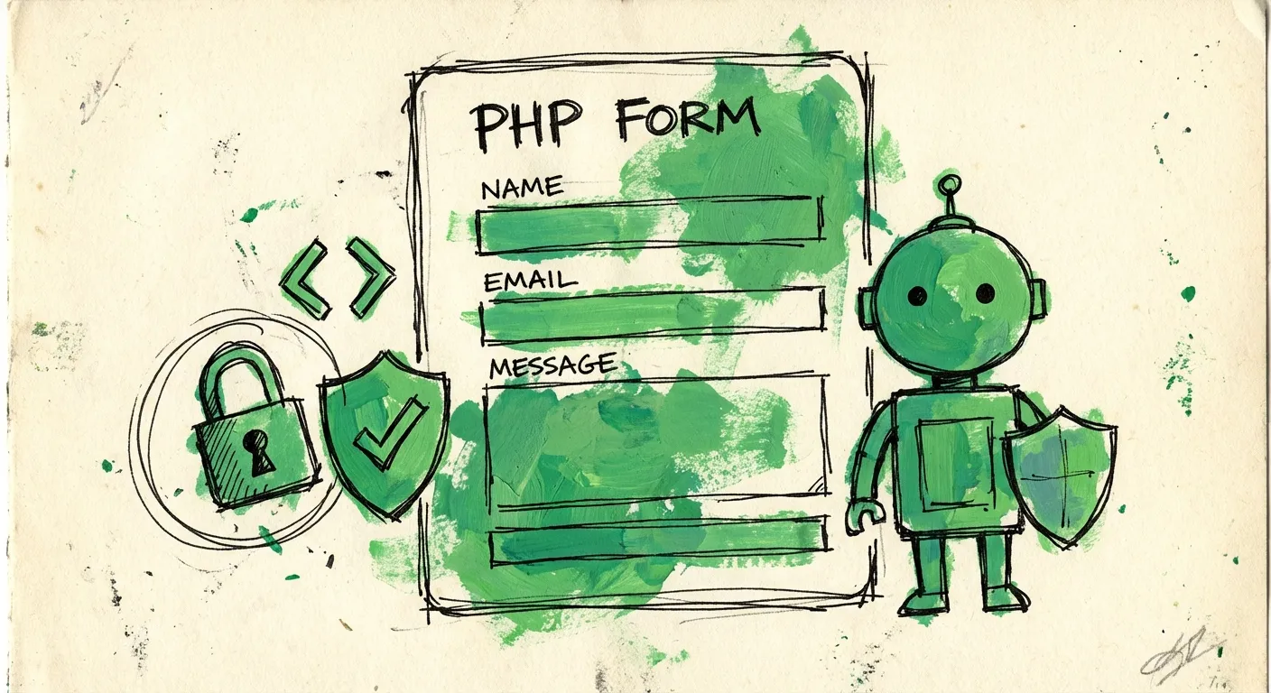 Hand-drawn illustration of a PHP form with security shields and locks