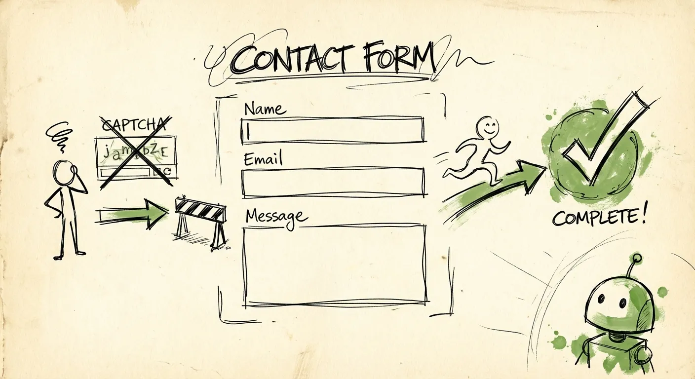Hand-drawn illustration of users flowing through a simple form toward a completion goal