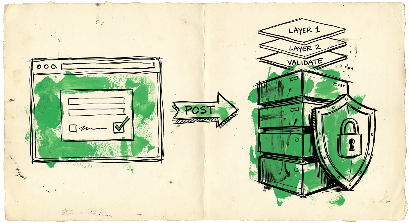 Hand-drawn illustration showing client browser and server with validation shields