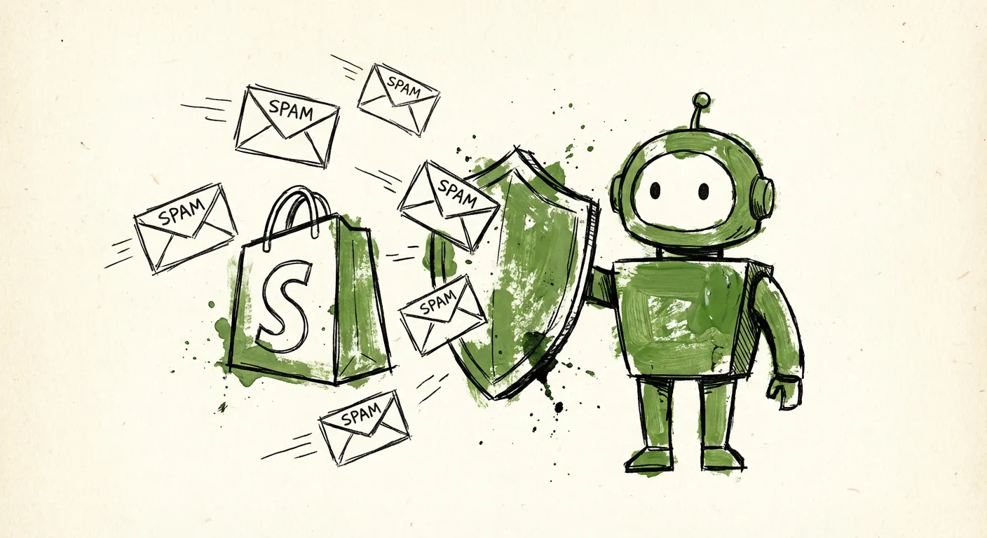 Shopify shopping bag protected by a shield blocking spam envelopes, with FormShield bot standing guard