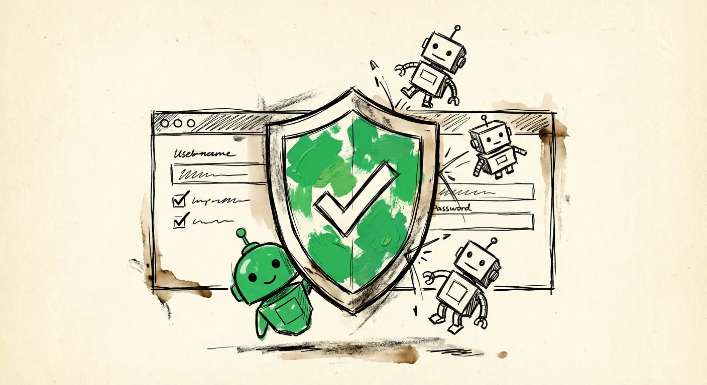 Hand-drawn illustration of a shield protecting a web form with validation checkmarks