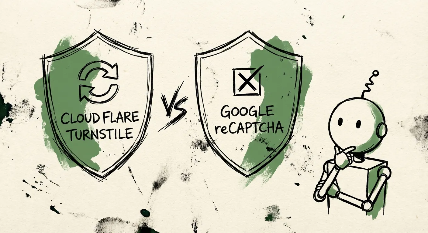 Hand-drawn illustration comparing Cloudflare Turnstile shield vs Google reCAPTCHA checkbox