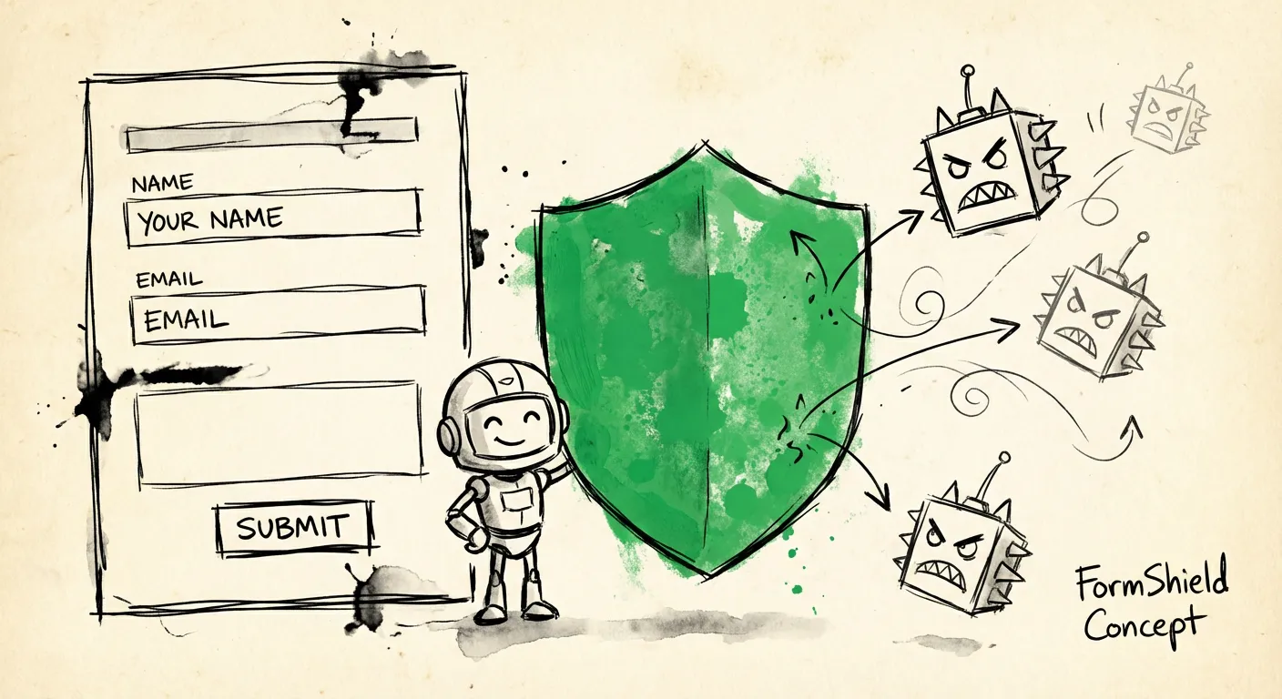 Hand-drawn illustration of a Webflow form being protected from spam bots