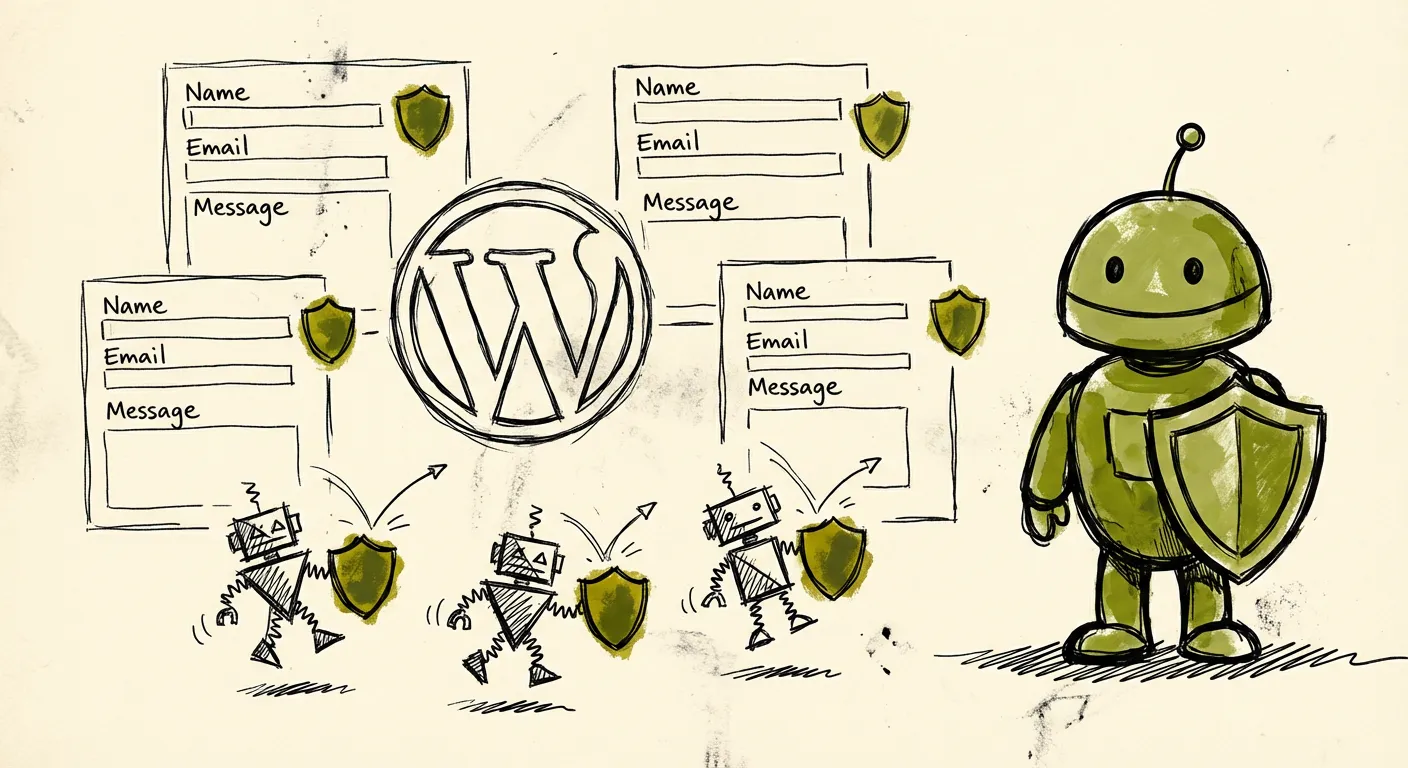 Hand-drawn illustration of WordPress forms being protected from spam bots